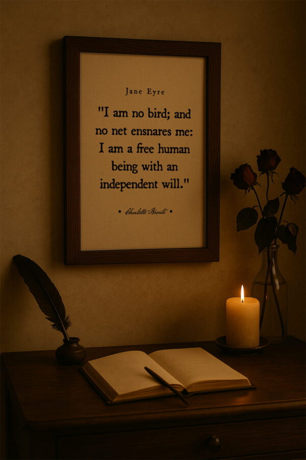 Dark wood frame hanging above a writing desk with a quill, candlelight, and dried roses for a romantic literary atmosphere.
