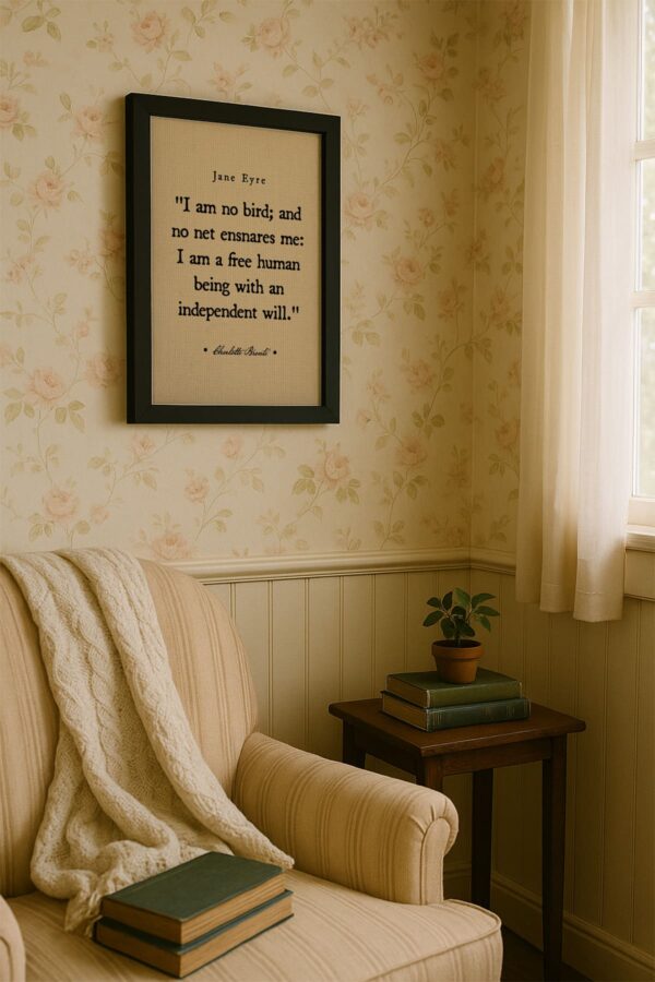 Black frame canvas mounted on floral wallpaper above a cozy reading chair draped in a knit blanket near a sunlit window.