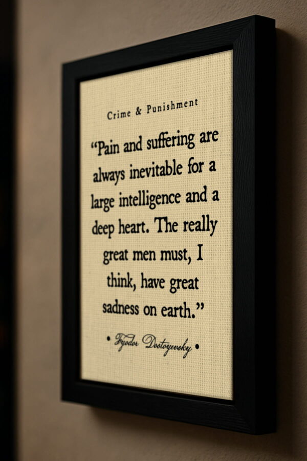 Side view of a black-framed Fyodor Dostoyevsky quote canvas mounted on a beige wall. The canvas texture and bold black typography stand out under soft directional lighting.
