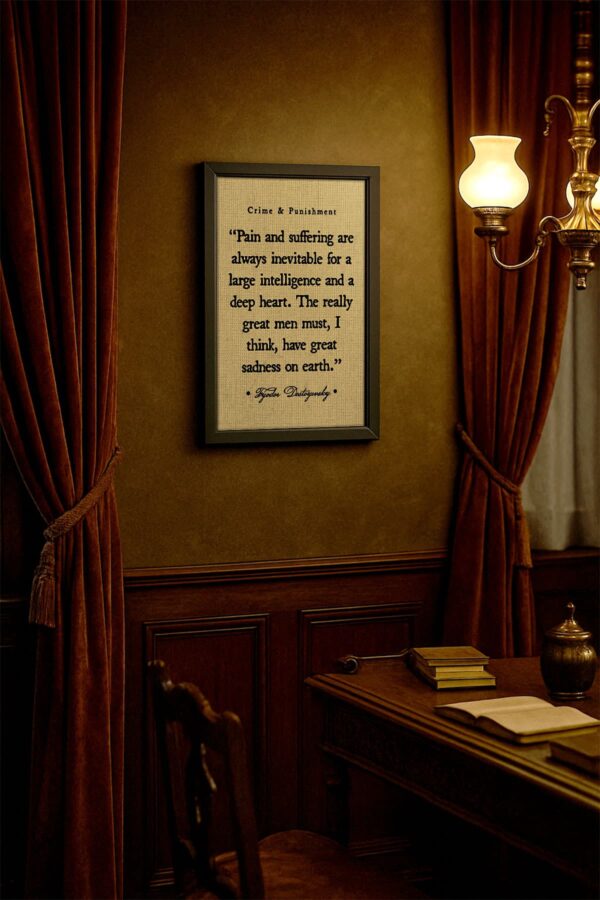 Framed quote print of Fyodor Dostoyevsky’s words hangs on a richly paneled wall between velvet curtains and a vintage lamp. The study room ambiance is dramatic and literary.