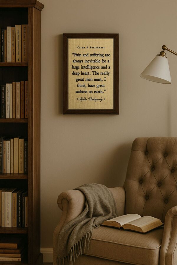 Canvas print of Dostoyevsky’s quote displayed above a reading chair and beside a wooden bookshelf. A cozy reading nook with warm tones, a wool throw, and soft ambient light.