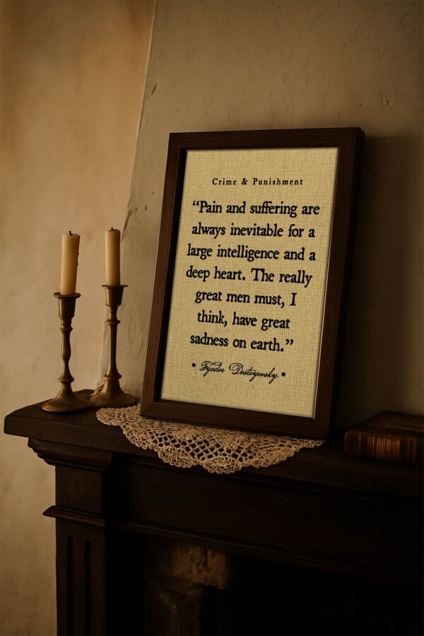 A Dostoyevsky quote canvas rests on a rustic fireplace mantel beside two brass candlesticks and a lace doily. The moody, antique atmosphere evokes a 19th-century aesthetic.