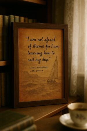 Close-up of the framed canvas with a dark wood frame on a wooden bookshelf with vintage books and sheer curtains.