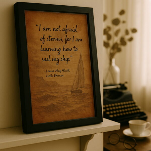 Black frame canvas leaning on a cream-colored shelf beside a typewriter and coffee cup in a softly lit writing nook.