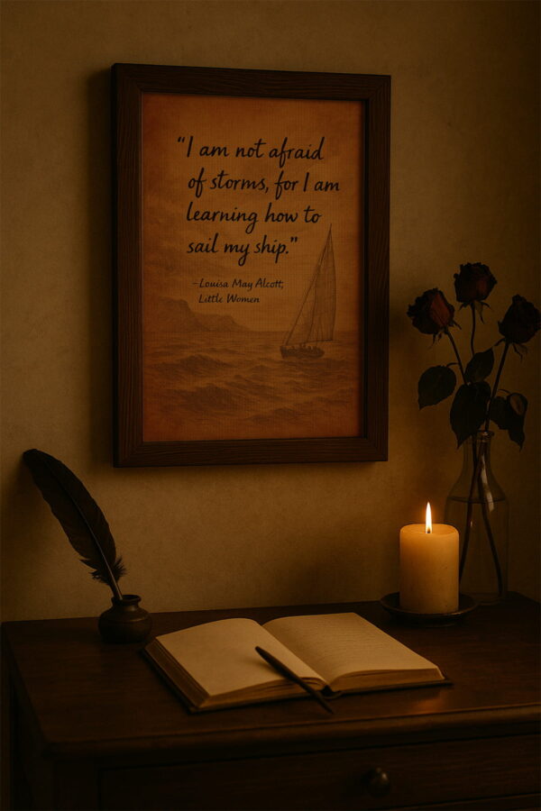 Dark wood frame hanging above a writing desk with a quill, candlelight, and dried roses for a romantic literary atmosphere.