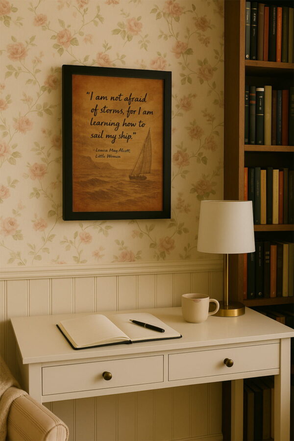Black frame canvas above a cream writing desk with a journal, pen, and mug in a bright home library corner.