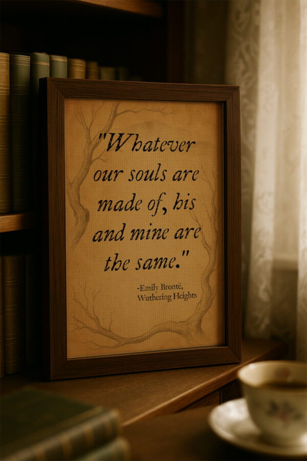 Close-up of the framed canvas with a dark wood frame on a wooden bookshelf with vintage books and sheer curtains.