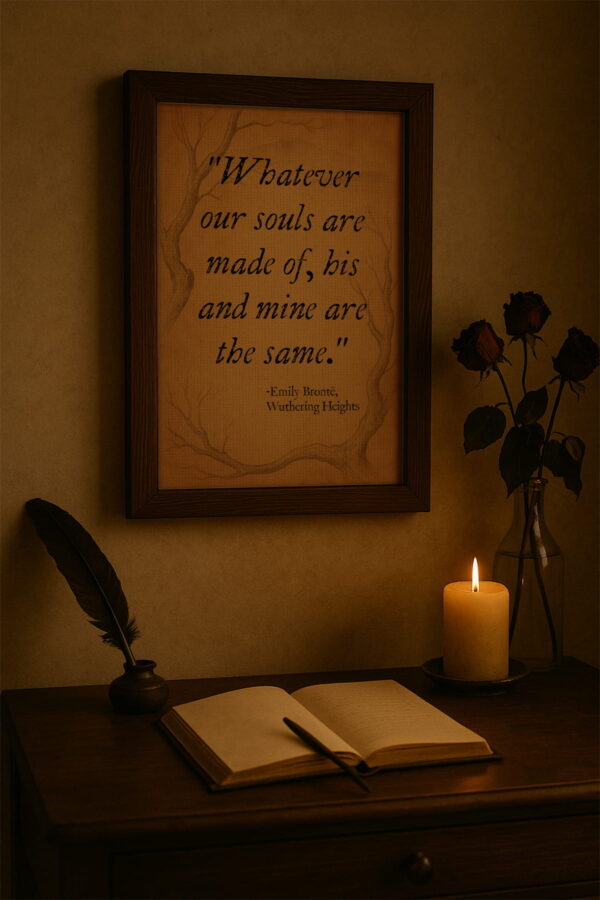 Dark wood frame hanging above a writing desk with a quill, candlelight, and dried roses for a romantic literary atmosphere.