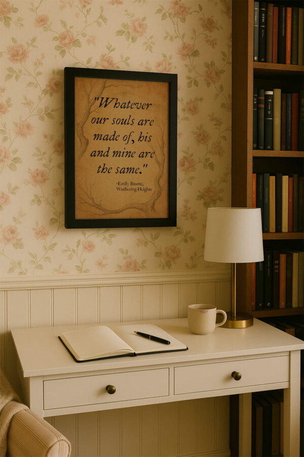 Black frame canvas above a cream writing desk with a journal, pen, and mug in a bright home library corner.