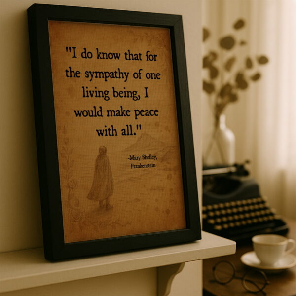 Black frame canvas leaning on a cream-colored shelf beside a typewriter and coffee cup in a softly lit writing nook.