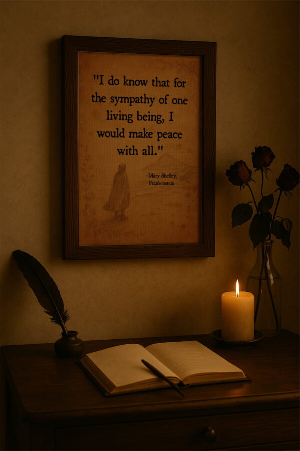 Dark wood frame hanging above a writing desk with a quill, candlelight, and dried roses for a romantic literary atmosphere.