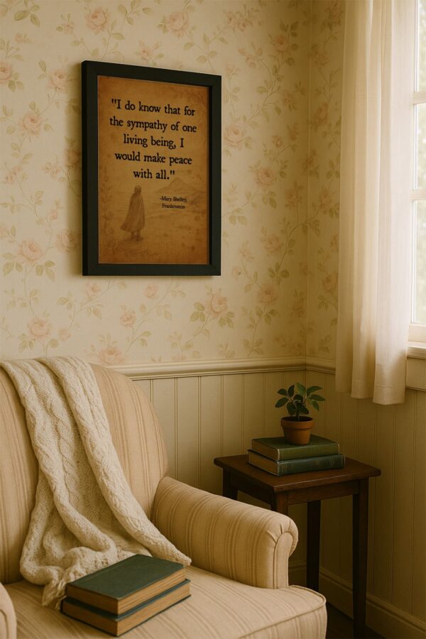 Black frame canvas mounted on floral wallpaper above a cozy reading chair draped in a knit blanket near a sunlit window.