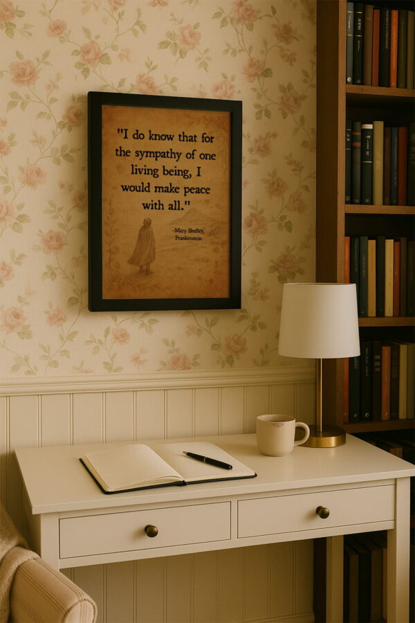 Black frame canvas above a cream writing desk with a journal, pen, and mug in a bright home library corner.