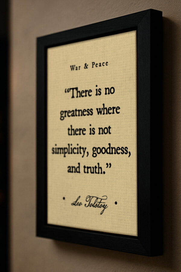 Side-angle view of a black-framed canvas featuring Tolstoy’s quote on a beige textured background, mounted on a modern neutral-toned wall.