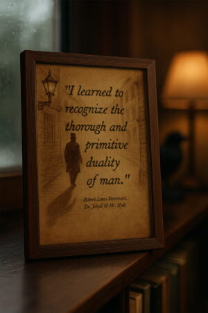 Duality of man quote from Jekyll & Hyde in a wood frame, resting on a library shelf near lamplight and rain.