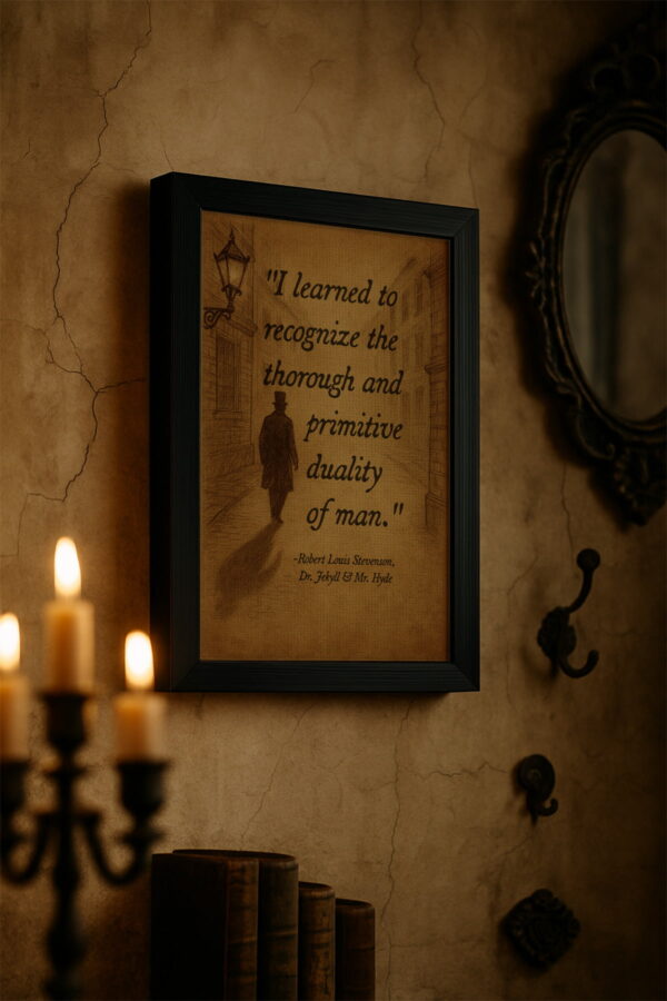 Robert Louis Stevenson quote canvas in an old-world entryway with cracked walls and flickering candles