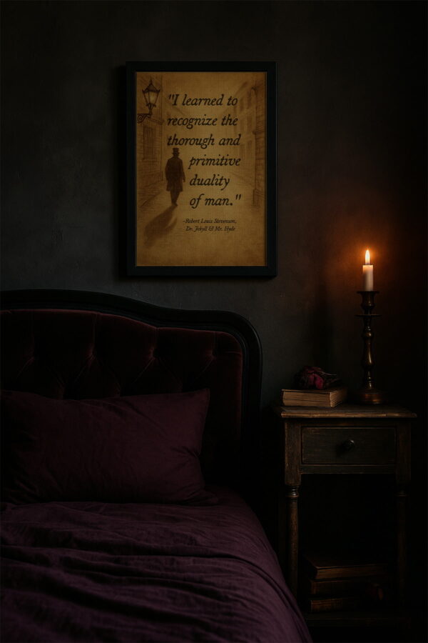 Jekyll and Hyde quote art in a deep-toned gothic bedroom with dark bedding and candlelit ambiance.