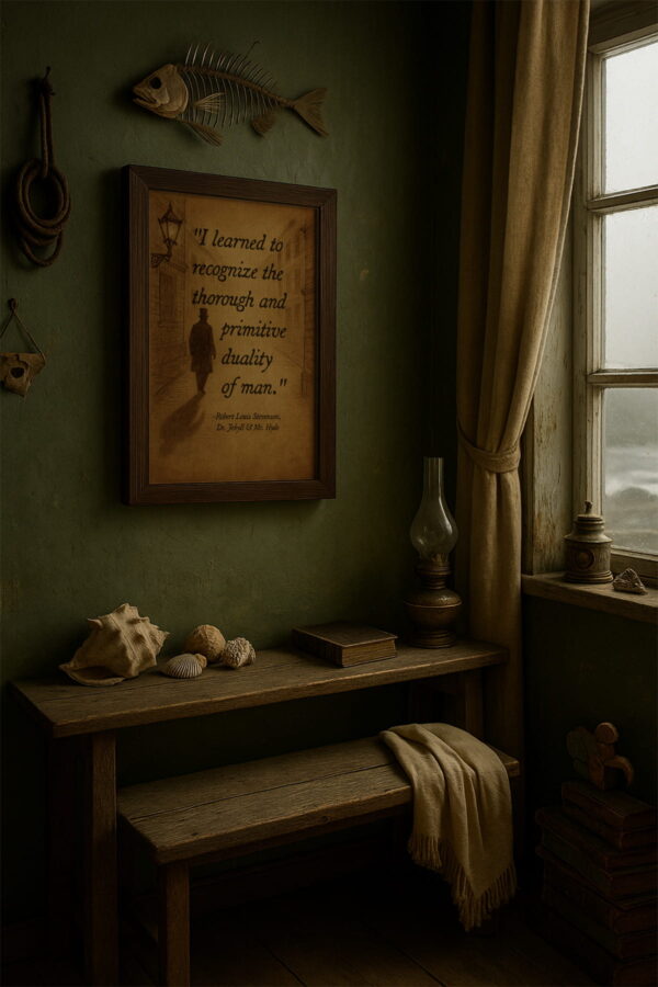 Literary gothic wall art featuring a Jekyll & Hyde quote, styled in a weathered coastal cottage nook.