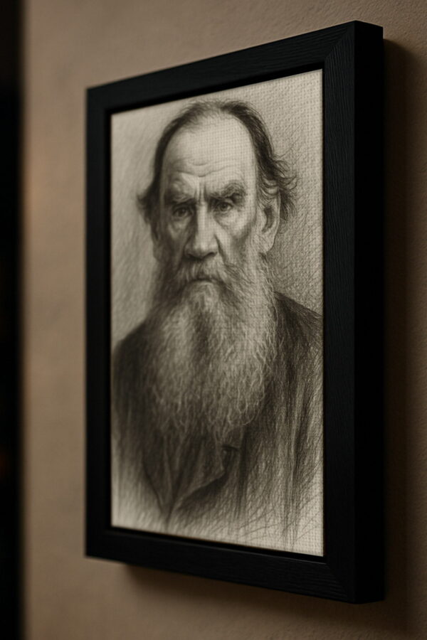 Side view of a framed canvas portrait of Leo Tolstoy hanging on a beige wall, showcasing the texture and depth of the black frame.
