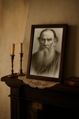 Tolstoy canvas portrait leaning against a rustic plaster wall atop a dark wood mantel, styled with brass candlesticks and a lace doily.
