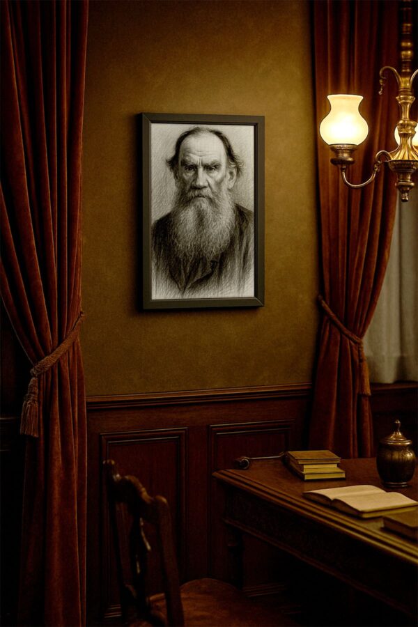 Canvas artwork of Leo Tolstoy hanging in a richly furnished study, framed by red velvet curtains and warm antique lighting.