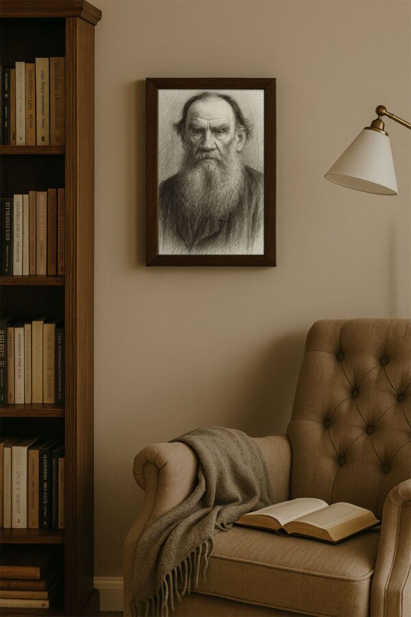 Framed Tolstoy portrait displayed on a light taupe wall next to a cozy reading nook with a tufted armchair and a tall bookcase.
