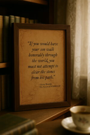 Close-up of the framed canvas with a dark wood frame on a wooden bookshelf with vintage books and sheer curtains.