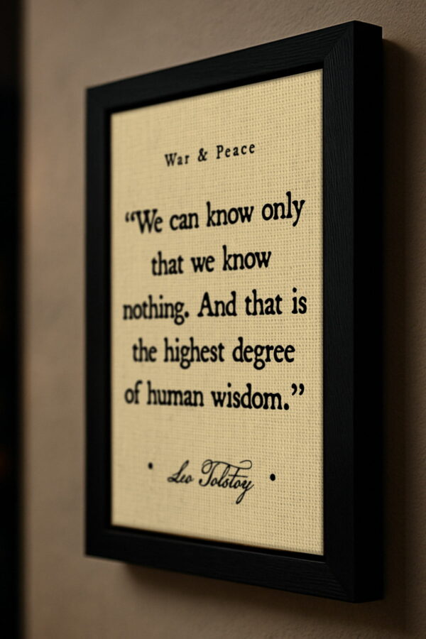 Side angle of the Tolstoy quote in a black frame mounted on a warm taupe wall, showing canvas texture and frame depth with soft directional lighting.
