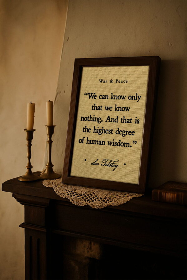 Canvas print of the Tolstoy quote sits on a vintage mantel with brass candlesticks and a lace doily, evoking a cozy, old-world reading nook.